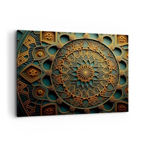 Impression sur toile - Image sur toile - Un mandala doré sur fond turquoise avec des détails riches. - 100x70cm - Dans une ambiance arabe - Décoration murale moderne pour le salon et la chambre ARTTOR