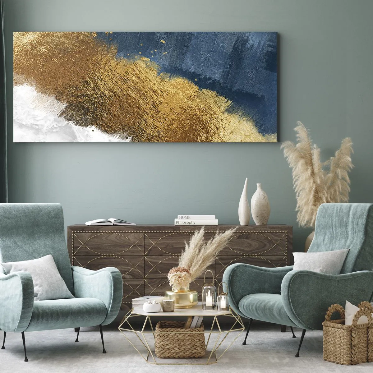 Impression sur toile - Image sur toile - Une composition abstraite dans des tons d'or, de bleu et de blanc. - 120x50cm - Les couleurs de l’été - Décoration murale moderne pour le salon et la chambre ARTTOR