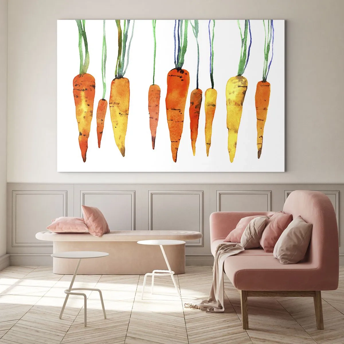 Impression sur verre - Image sur verre - Carottes à l'aquarelle dans différentes nuances d'orange avec des tiges vertes - 70x50cm - La beauté de l'ordinaire - Décoration murale moderne pour le salon et la chambre ARTTOR