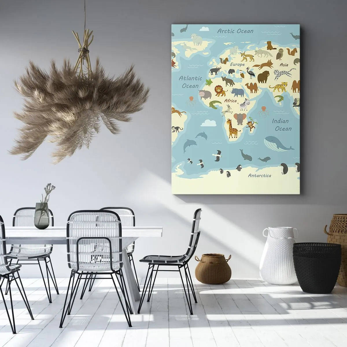 Impression sur toile - Image sur toile - Carte du monde avec des illustrations d'animaux - 70x100cm - De bons voisins - Décoration murale moderne pour le salon et la chambre ARTTOR