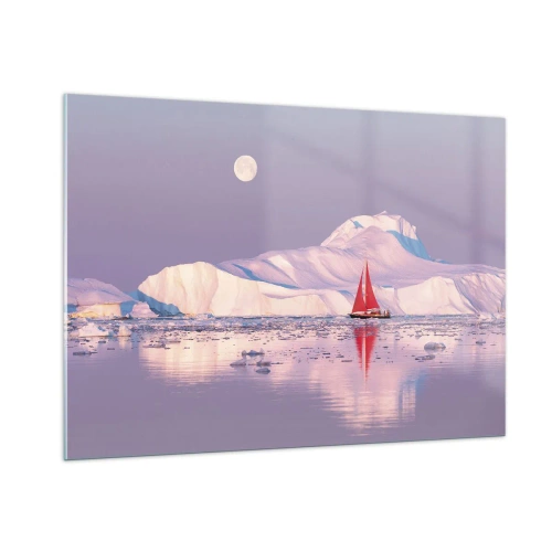 Impression sur verre - Image sur verre - Un voilier sur fond de glaciers au clair de lune - 100x70cm - La chaleur de la voile, le froid de la glace - Décoration murale moderne pour le salon et la chambre ARTTOR