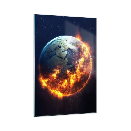 Impression sur verre - Image sur verre - La planète Terre en feu dans l'espace - 70x100cm - La flamme de l'apocalypse - Décoration murale moderne pour le salon et la chambre ARTTOR