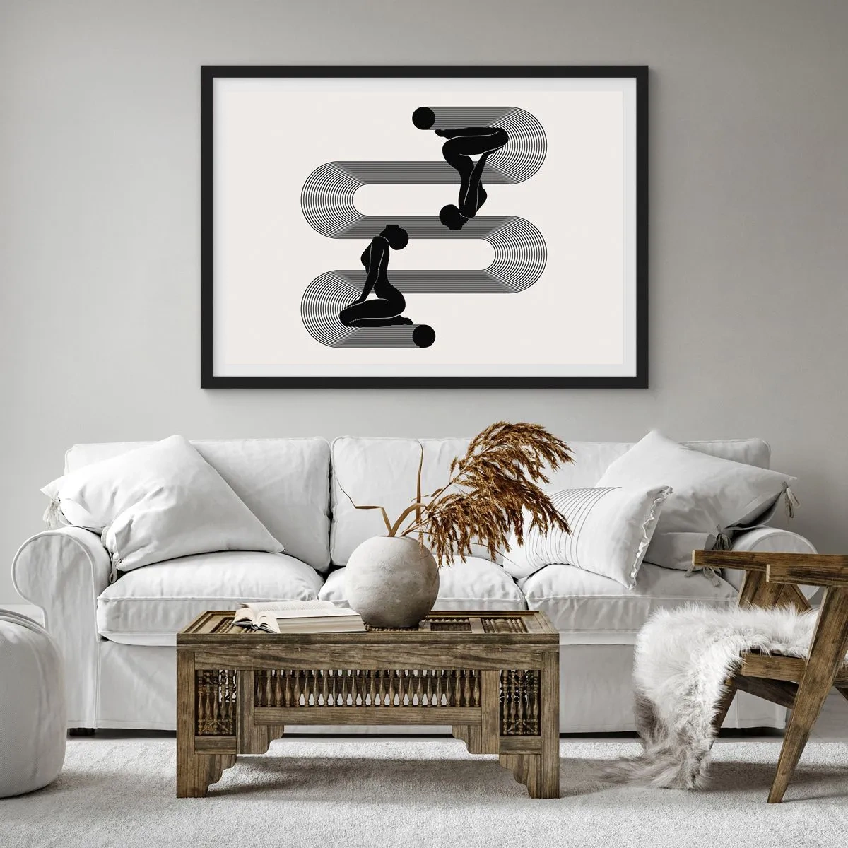 Affiche dans un cadre noir - Poster - Silhouettes noires avec des lignes géométriques sur fond clair - 70x50cm - Symétrie sensuelle - Décoration murale moderne pour le salon et la chambre ARTTOR