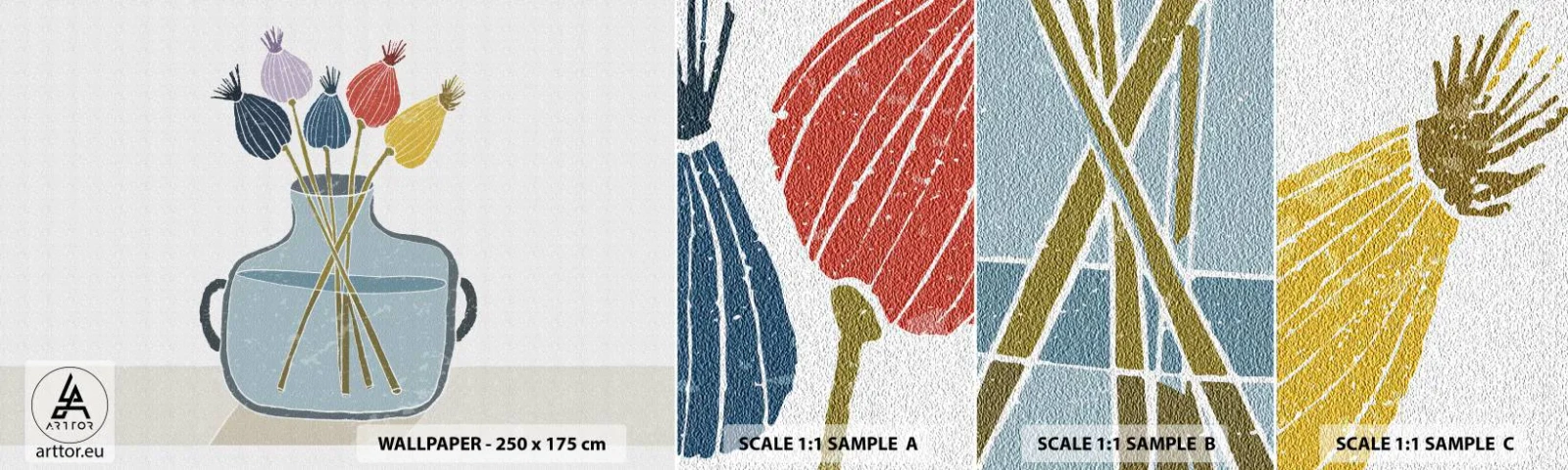 Échantillon de Papier Peint Autocollant Deluxe Sticker - Comme s'il avait semé des graines de pavot - Fleurs, Vase, Minimalisme - 100x30 cm