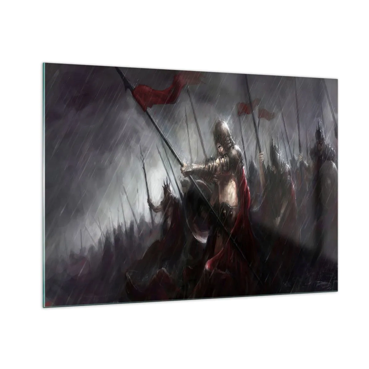 Impression sur verre - Image sur verre - Chevaliers sous la pluie sur le champ de bataille en tenue complète - 100x70cm - Passant, dis à Sparte… - Décoration murale moderne pour le salon et la chambre ARTTOR