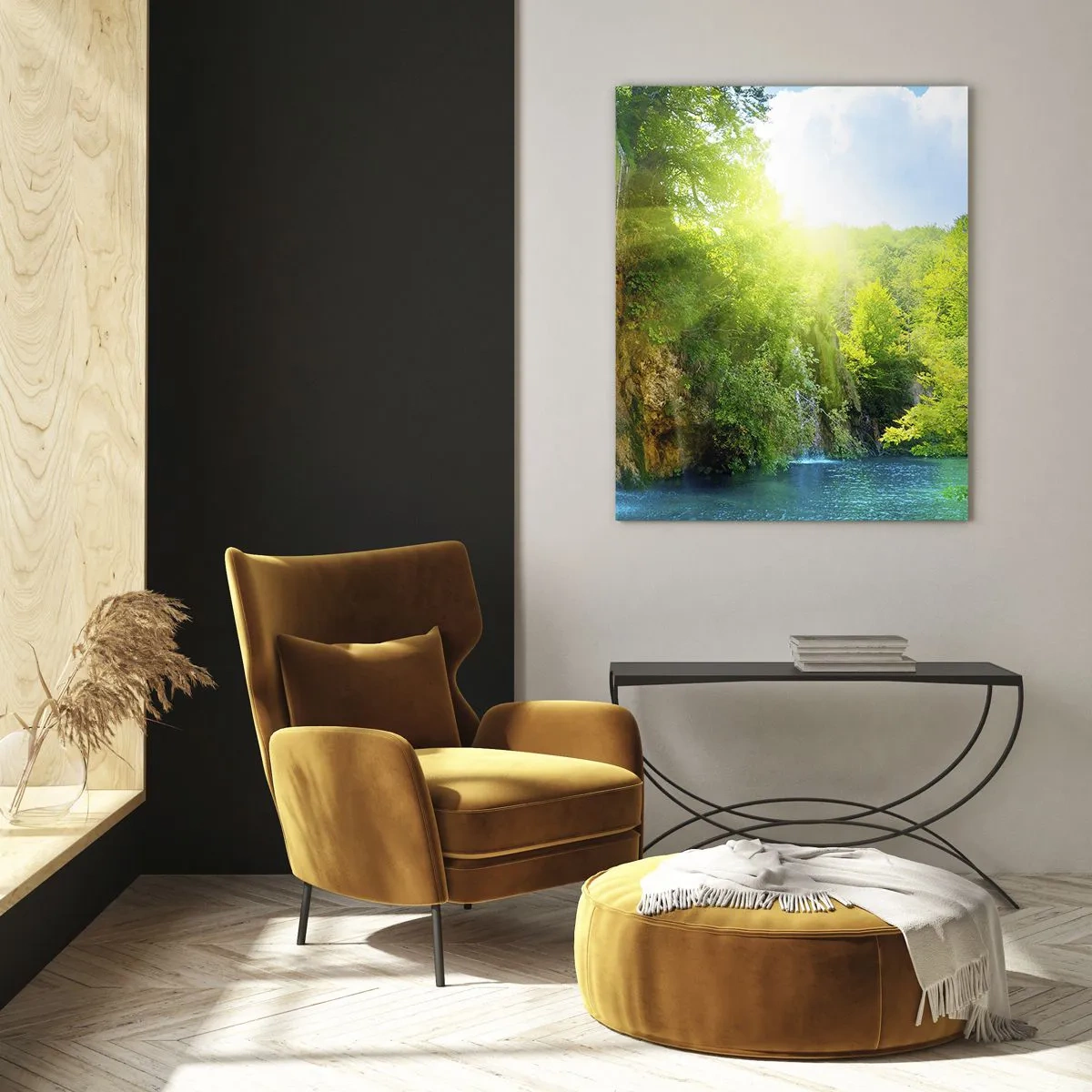 Impression sur verre - Image sur verre - Une cascade se jetant dans un lac turquoise entouré de verdure - 80x120cm - Ce doit être le paradis ici - Décoration murale moderne pour le salon et la chambre ARTTOR