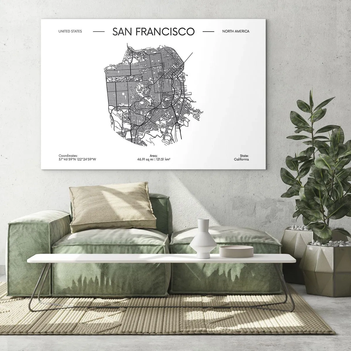 Impression sur verre - Image sur verre - Une carte minimaliste des rues de San Francisco - 120x80cm - Anatomie de San Fransisco - Décoration murale moderne pour le salon et la chambre ARTTOR