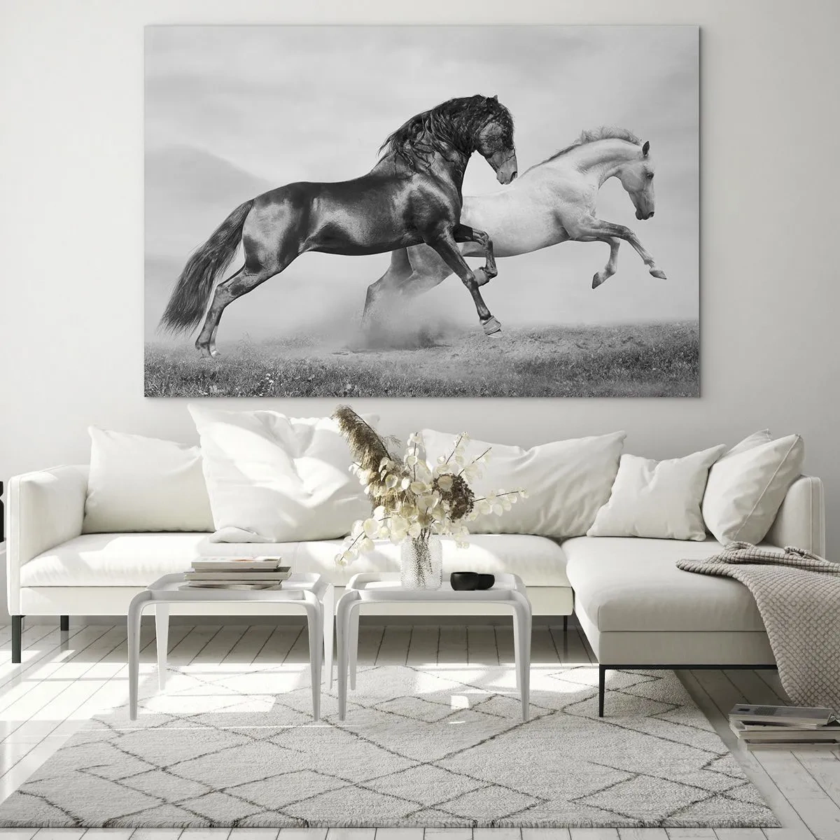 Impression sur verre - Image sur verre - Chevaux noirs et blancs dans un cadre dynamique - 70x50cm - Anges et démons - Décoration murale moderne pour le salon et la chambre ARTTOR