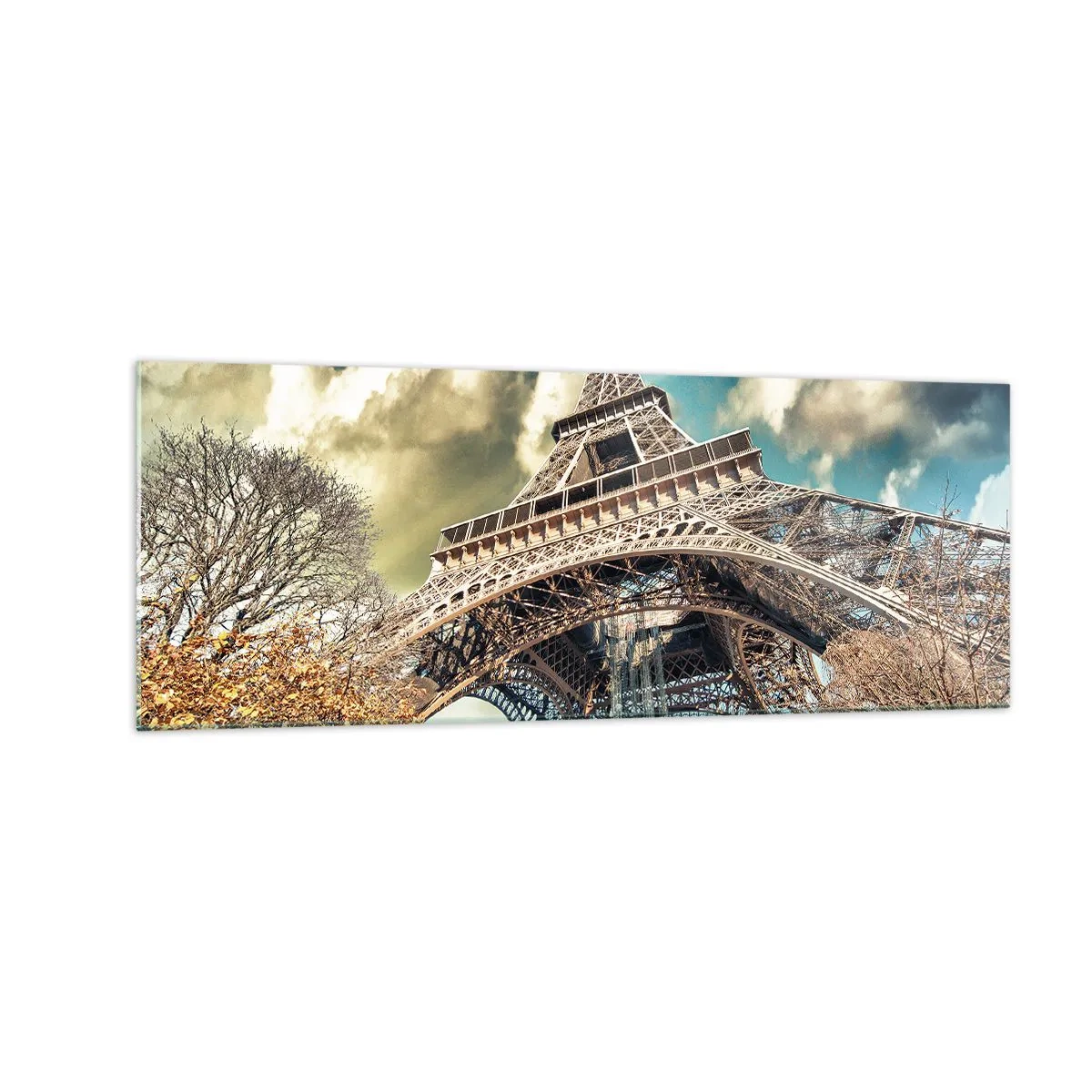 Impression sur verre - Image sur verre - La Tour Eiffel vue d'en bas dans un décor automnal - 140x50cm - Et en automne à Paris... - Décoration murale moderne pour le salon et la chambre ARTTOR