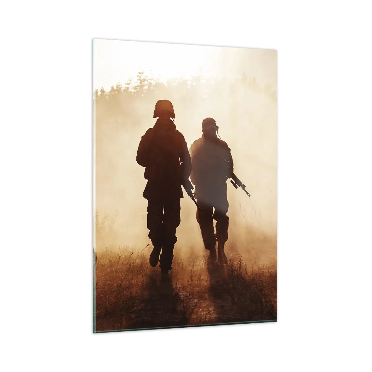 Impression sur verre - Image sur verre - Deux soldats en action sur fond de soleil couchant - 50x70cm - Call of Duty - Décoration murale moderne pour le salon et la chambre ARTTOR