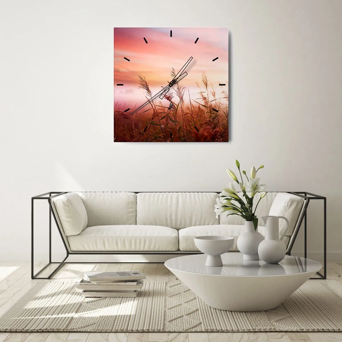 Horloge murale - Pendule murale - Un champ d'herbe sur fond de coucher de soleil pittoresque - 30x30cm - Cerfs-volants, pissenlits, vent - Décoration murale moderne pour le salon et la chambre ARTTOR