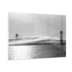Impression sur verre - Image sur verre - Un pont en noir et blanc avec du brouillard sur l'eau - 100x70cm - Naviguez à travers les Portes des Étoiles - Décoration murale moderne pour le salon et la chambre ARTTOR