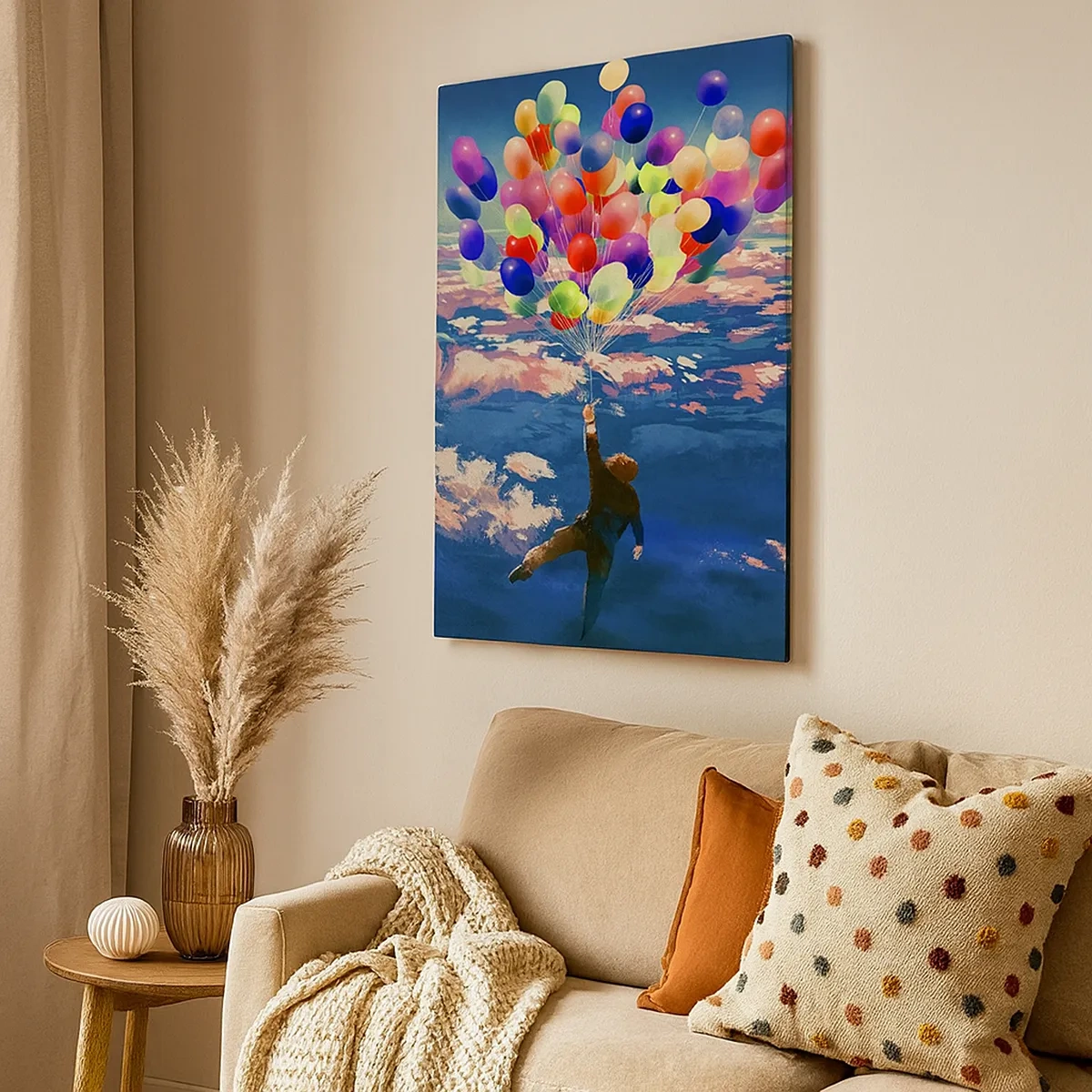 Impression sur toile - Image sur toile - Une silhouette flottant au-dessus des nuages avec des ballons colorés - 50x70cm - Un rêve d'enfant devenu réalité - Décoration murale moderne pour le salon et la chambre ARTTOR