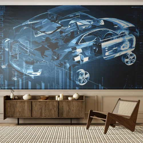Papier Peint Photo Premium Sand - Un modèle de voiture holographique avec des éléments technologiques - 100x70cm - Anatomie de l'ingénierie - Décoration murale moderne pour le salon et la chambre ARTTOR