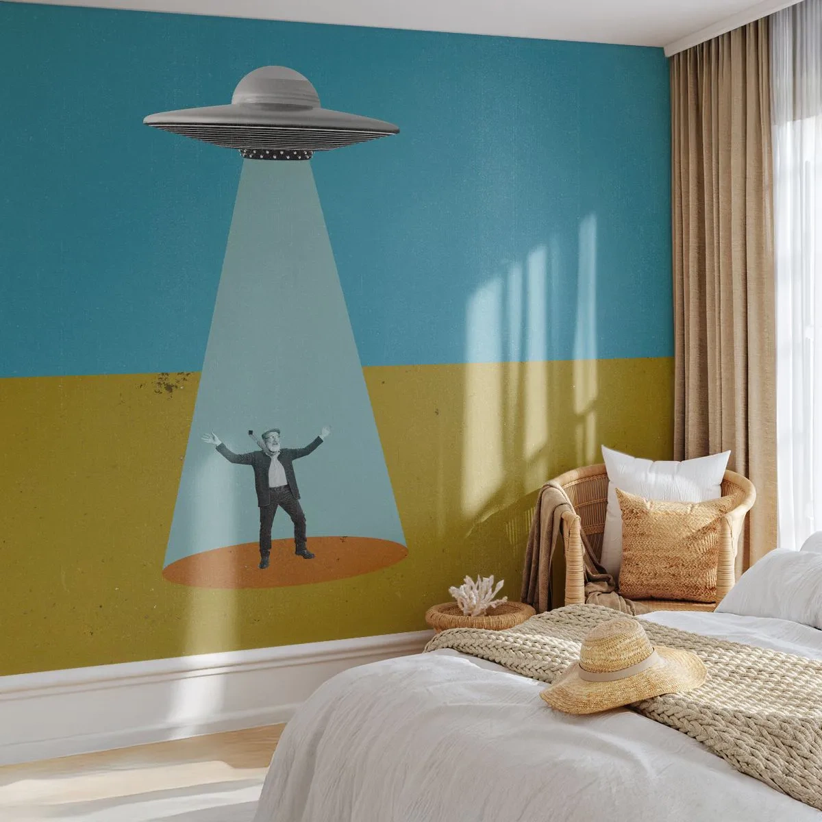 Papier Peint Photo Premium Sand - Graphique d'un OVNI transportant un homme dans la lumière dans le désert - 100x70cm - Rencontre proche - Décoration murale moderne pour le salon et la chambre ARTTOR