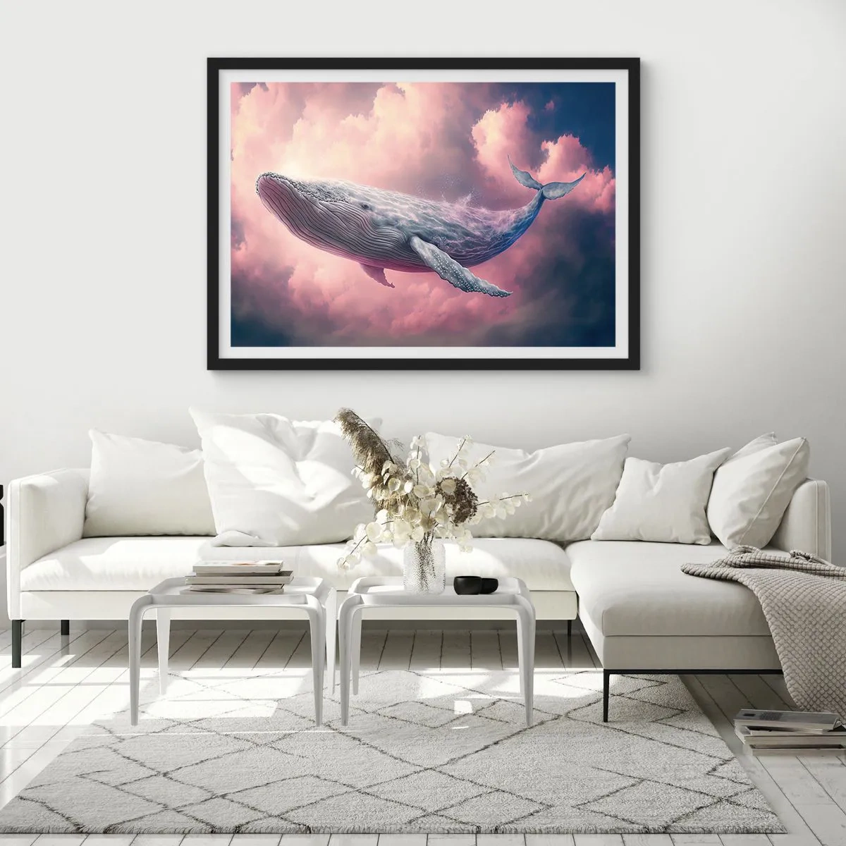 Affiche dans un cadre noir - Poster - Une baleine flottant dans les nuages au coucher du soleil - 70x50cm - Frottez-vous les yeux - Décoration murale moderne pour le salon et la chambre ARTTOR