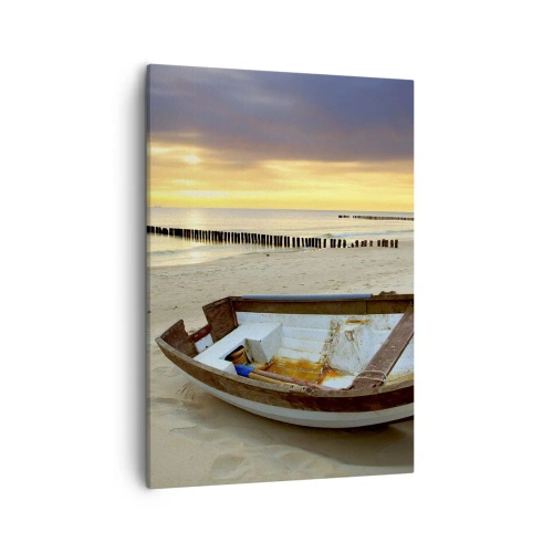 Impression sur toile - Image sur toile - Un bateau sur une plage de sable au coucher du soleil - 50x70cm - Il n'y a pas de plus belles plages - Décoration murale moderne pour le salon et la chambre ARTTOR