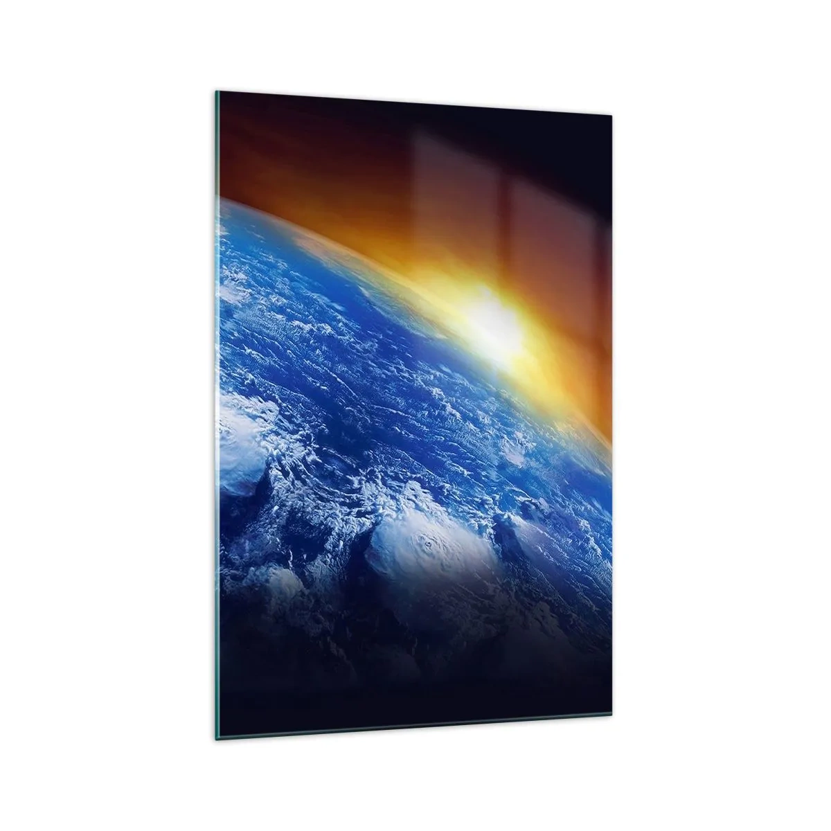 Impression sur verre - Image sur verre - Vue de la Terre depuis l'espace au coucher du soleil - 70x100cm - Lever de soleil sur la planète bleue - Décoration murale moderne pour le salon et la chambre ARTTOR