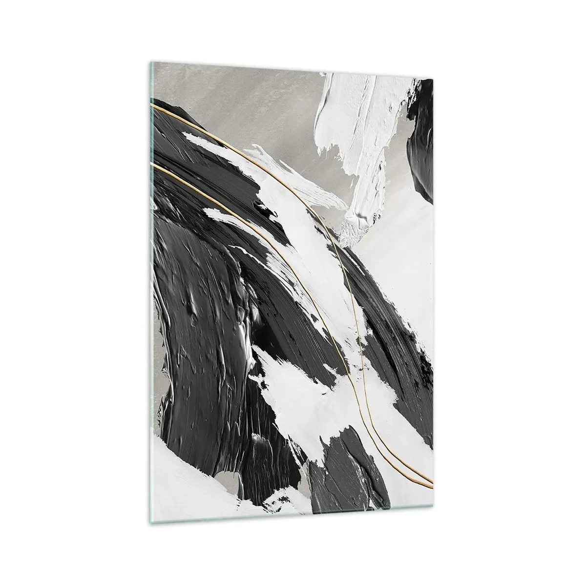 Impression sur verre - Image sur verre - Coups de pinceau noirs et blancs avec une subtile touche dorée - 70x100cm - L'abstraction à grande échelle - Décoration murale moderne pour le salon et la chambre ARTTOR