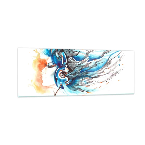 Impression sur verre - Image sur verre - Graphique artistique d'une femme portant des écouteurs avec des accents musicaux - 140x50cm - Que la musique joue - Décoration murale moderne pour le salon et la chambre ARTTOR