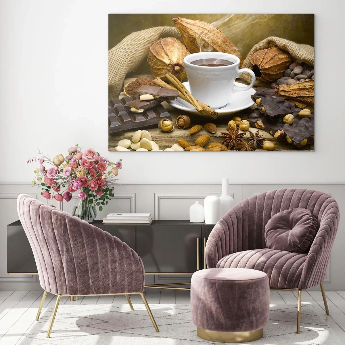 Impression sur verre - Image sur verre - Une tasse de chocolat chaud entourée de chocolat et d'épices - 70x50cm - Pour les amateurs de sensations fortes - Décoration murale moderne pour le salon et la chambre ARTTOR