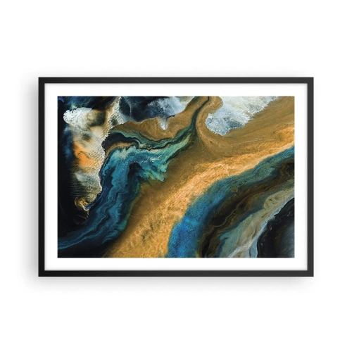 Affiche dans un cadre noir - Poster - Vagues abstraites dans des tons d'or et de bleu - 70x50cm - Bleu - jaune - influences mutuelles - Décoration murale moderne pour le salon et la chambre ARTTOR