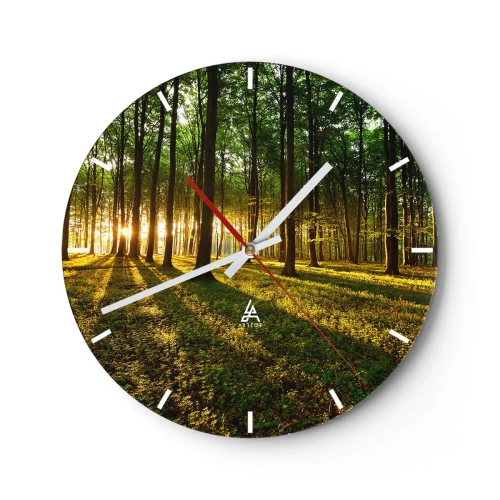 Horloge murale - Pendule murale - Une forêt avec des rayons de soleil qui brillent à travers les arbres - 30x30cm - Toutes les photographies de printemps - Décoration murale moderne pour le salon, la cuisine et la chambre ARTTOR