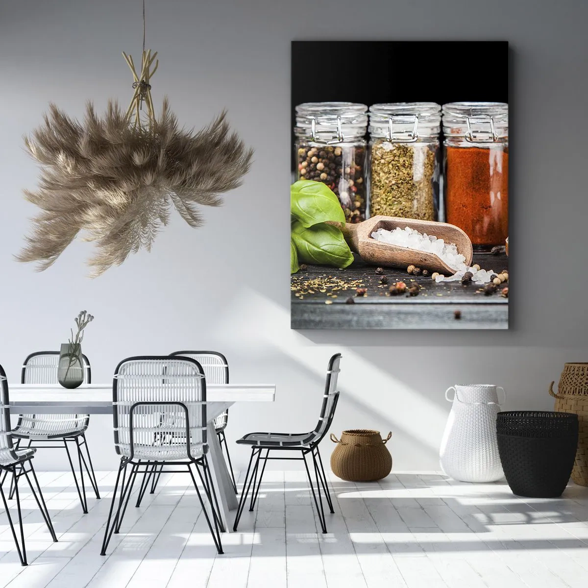 Impression sur toile - Image sur toile - Herbes et épices dans des bocaux en verre sur fond sombre - 50x70cm - Pour que la vie ait du goût - Décoration murale moderne pour le salon et la chambre ARTTOR