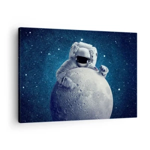 Impression sur toile - Image sur toile - Astronaute tenant la lune dans un ciel étoilé - 70x50cm - Comique de l'espace - Décoration murale moderne pour le salon et la chambre ARTTOR