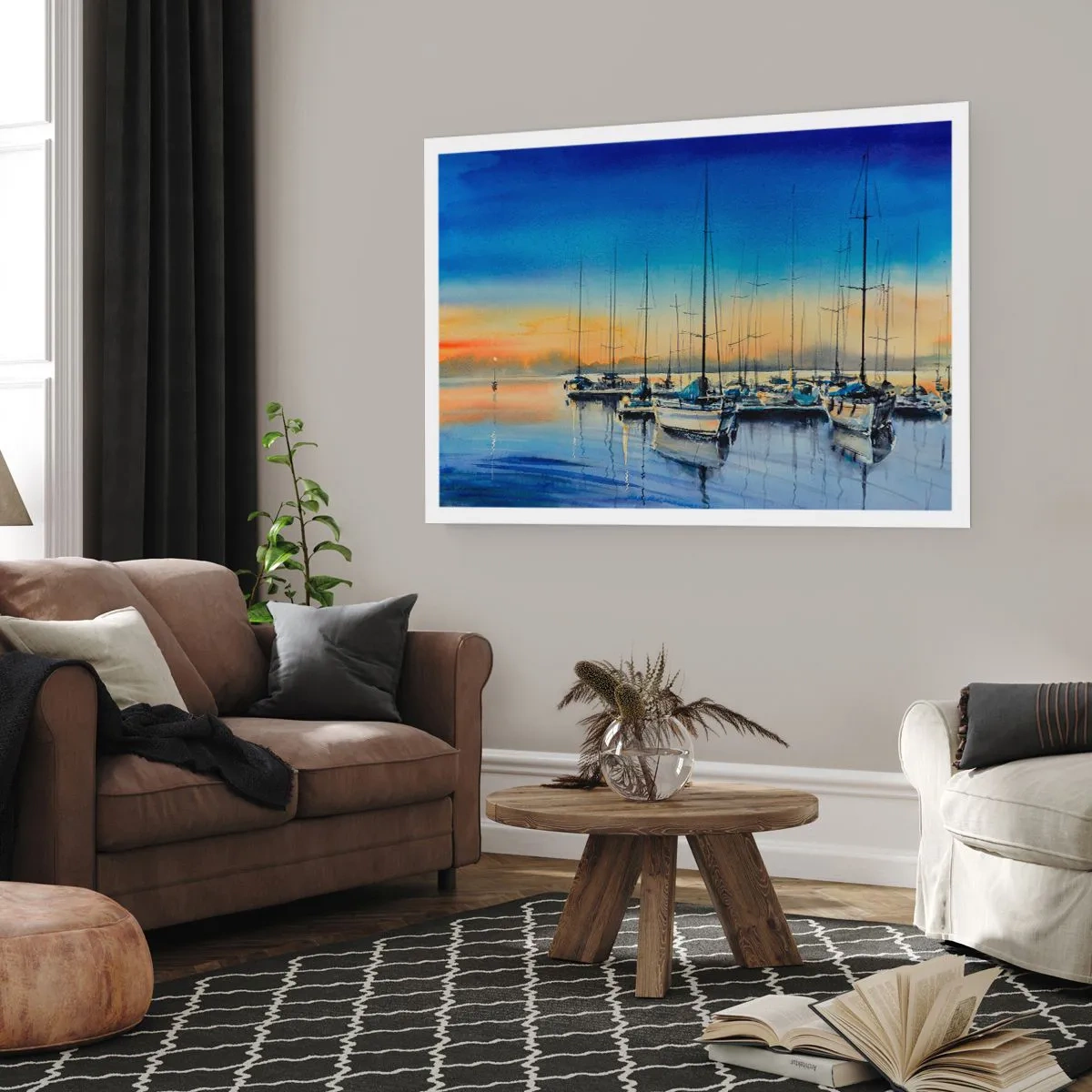 Affiche - Poster - Port de plaisance au coucher du soleil avec reflets sur l'eau - 100x70cm - Fin d'une belle journée - Décoration murale moderne pour le salon et la chambre ARTTOR