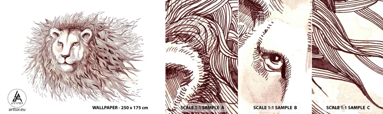 Échantillon de Papier Peint Autocollant Deluxe Sticker - Un souverain fougueux - Animaux, Lion, Abstraction - 100x30 cm