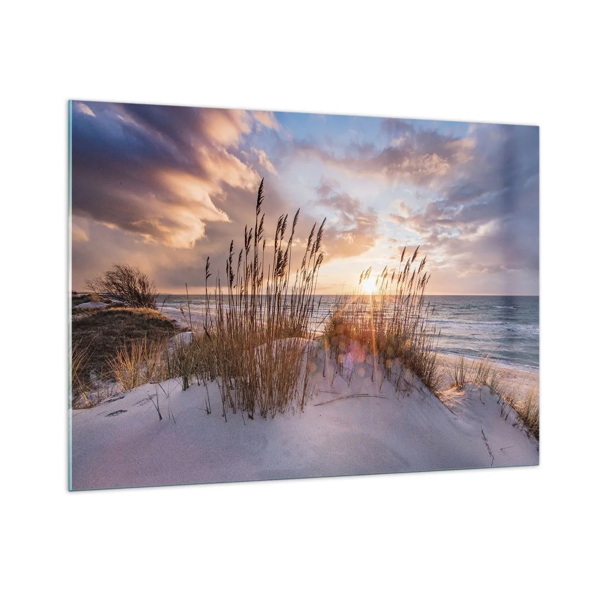 Impression sur verre - Image sur verre - Coucher de soleil sur la mer vu à travers les herbes du bord de mer - 100x70cm - Salutations du soleil et du vent - Décoration murale moderne pour le salon et la chambre ARTTOR