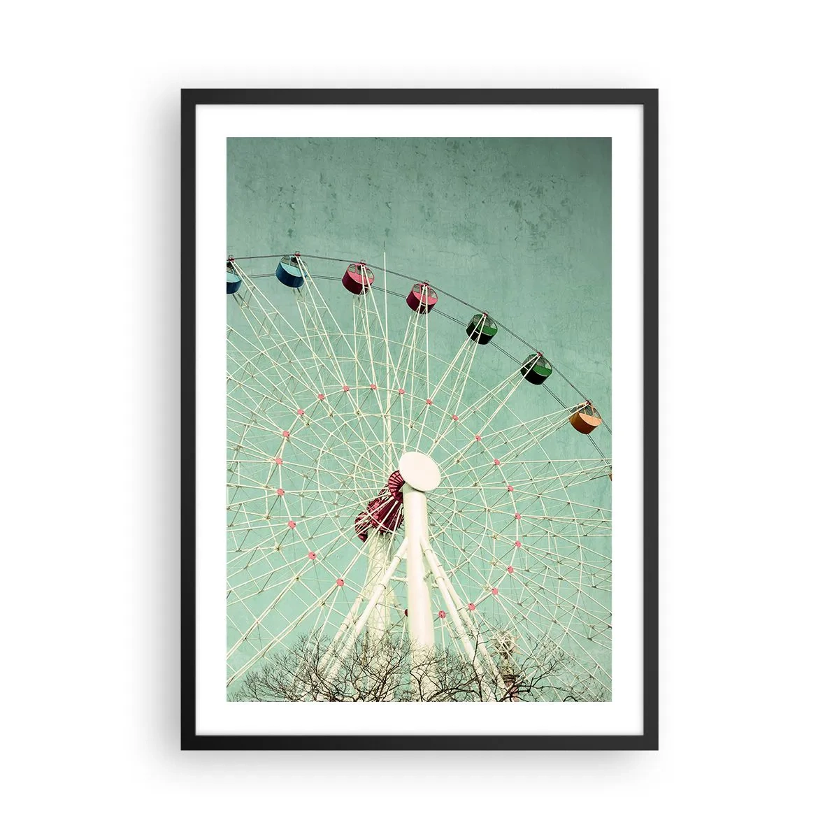 Affiche dans un cadre noir - Poster - Une grande roue rétro contre un ciel menthe - 50x70cm - Nous vous invitons à vous amuser - Décoration murale moderne pour le salon et la chambre ARTTOR