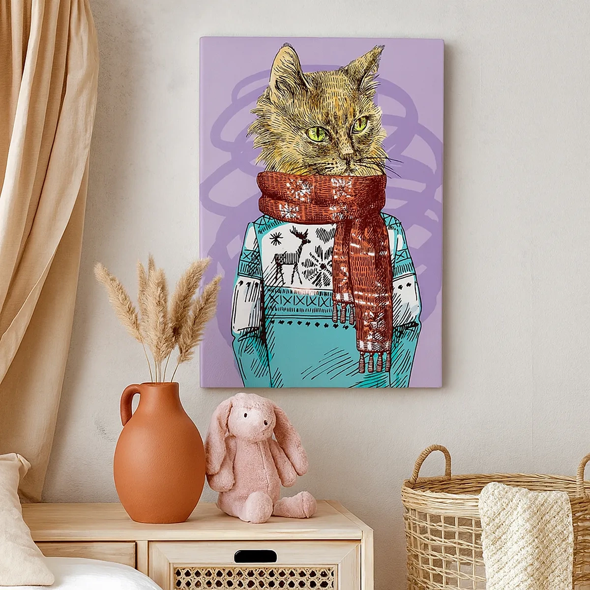Impression sur toile - Image sur toile - Un chat en pull et écharpe sur fond violet - 50x70cm - Le chat, pas uniquement dans les chaussures - Décoration murale moderne pour le salon et la chambre ARTTOR