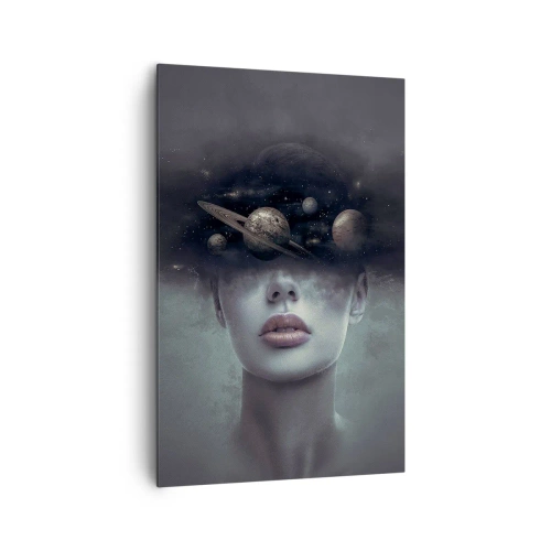 Impression sur toile - Image sur toile - Un visage de femme avec un motif de planète et d'espace en arrière-plan - 80x120cm - Et les planètes deviennent folles... - Décoration murale moderne pour le salon et la chambre ARTTOR