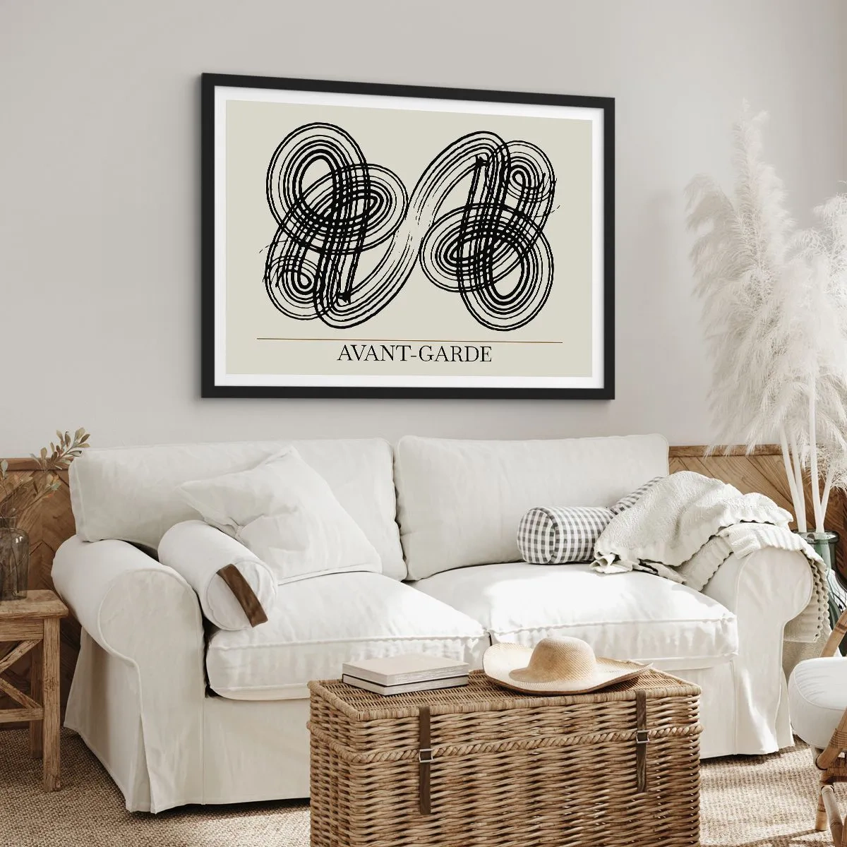 Affiche dans un cadre noir - Poster - Lignes noires abstraites sur fond clair dans un style avant-gardiste. - 70x50cm - C'est venu spontanément - Décoration murale moderne pour le salon et la chambre ARTTOR