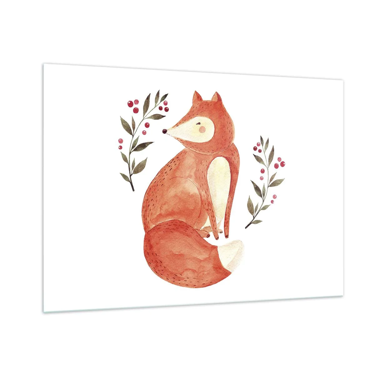 Impression sur verre - Image sur verre - Adorable renard aquarelle avec des brindilles et des baies - 100x70cm - Petit rouquin - Décoration murale moderne pour le salon et la chambre ARTTOR