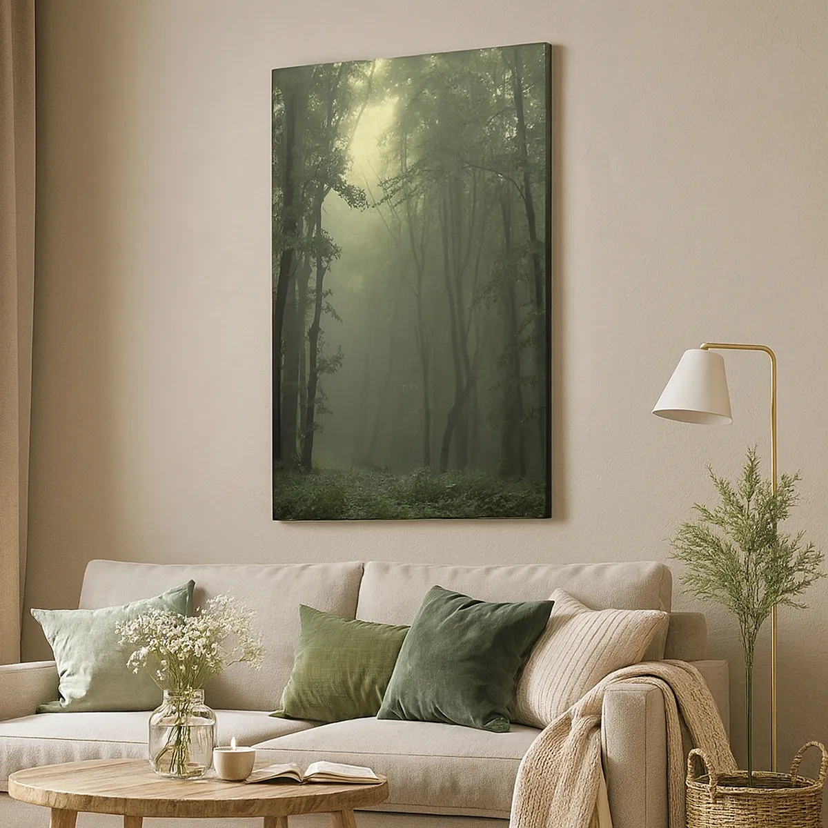 Impression sur toile - Image sur toile - Une forêt verte le matin enveloppée d'un brouillard délicat - 50x70cm - Avant qu'il ne se réveille - Décoration murale moderne pour le salon et la chambre ARTTOR