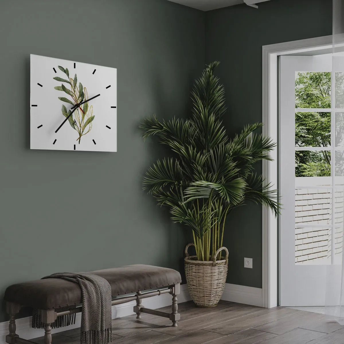 Horloge murale - Pendule murale - Branche verte avec des feuilles sur fond blanc - 30x30cm - Tout ce qui est bon - Décoration murale moderne pour le salon et la chambre ARTTOR