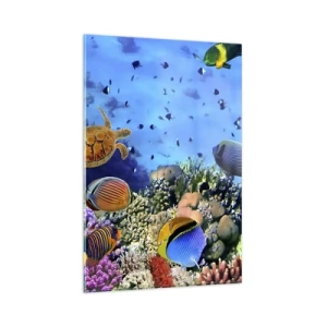 Impression sur verre - Image sur verre - Récif corallien avec des poissons colorés et une tortue de mer - 80x120cm - Et que sait-on de la vie… - Décoration murale moderne pour le salon et la chambre ARTTOR