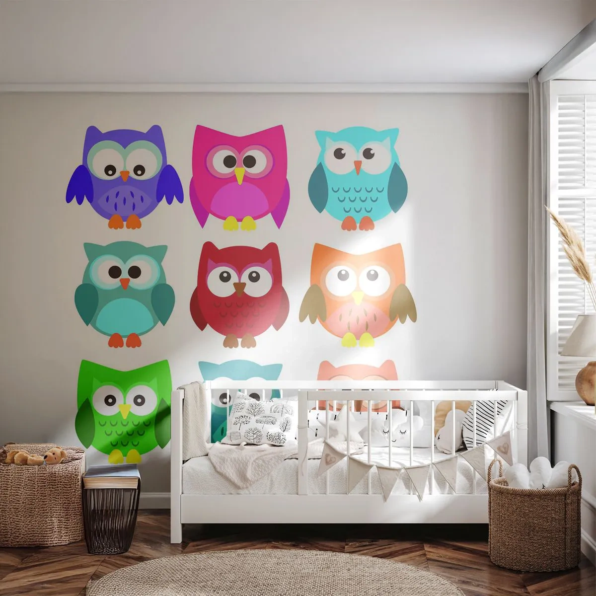Papier Peint Photo Premium Sand - Hiboux colorés sur fond blanc dans un style de conte de fées - 100x70cm - C'est amusant d'être différent - Décoration murale moderne pour le salon et la chambre ARTTOR