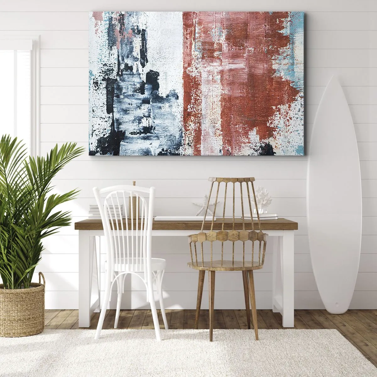 Impression sur toile - Image sur toile - Abstraction aux couleurs blanc, bleu et brique - 100x70cm - Moitié-moitié abstrait - Décoration murale moderne pour le salon et la chambre ARTTOR