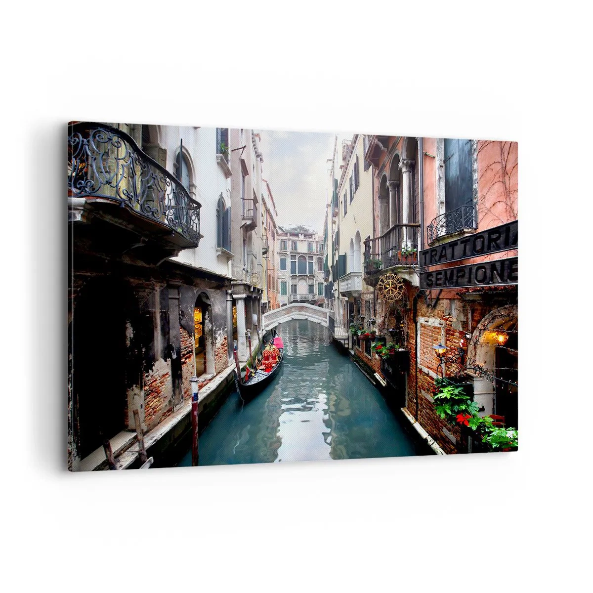 Impression sur toile - Image sur toile - Un canal à Venise avec une gondole et des bâtiments historiques - 100x70cm - Paysage vénitien avec une gondole et un pont - Décoration murale moderne pour le salon et la chambre ARTTOR