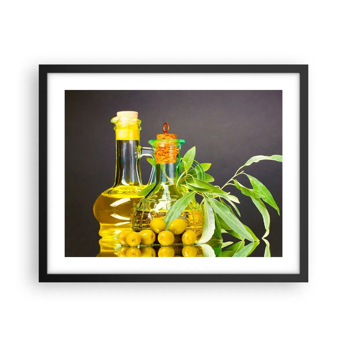 Affiche dans un cadre noir - Poster - Nature morte aux olives et à l'huile d'olive - 50x40 cm