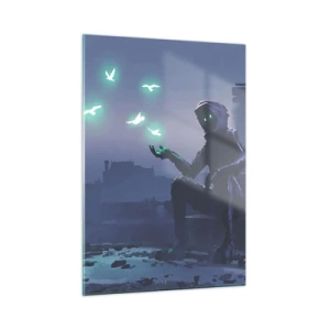 Impression sur verre - Image sur verre - Une silhouette dans le noir entourée d'oiseaux verts flottants - 50x70cm - La vie reviendra - Décoration murale moderne pour le salon et la chambre ARTTOR