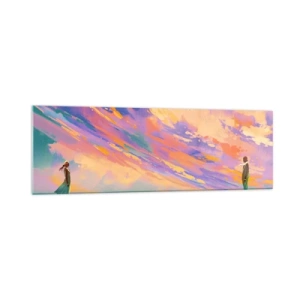Impression sur verre - Image sur verre - Une scène dynamique avec des personnages sur fond de ciel coucher de soleil coloré - 160x50cm - La force d'attraction - Décoration murale moderne pour le salon et la chambre ARTTOR