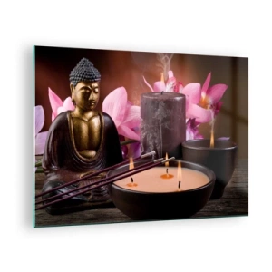 Impression sur verre - Image sur verre - Composition de relaxation avec Bouddha, bougies et fleurs - 70x50cm - Vider l'esprit, calmer le corps - Décoration murale moderne pour le salon et la chambre ARTTOR