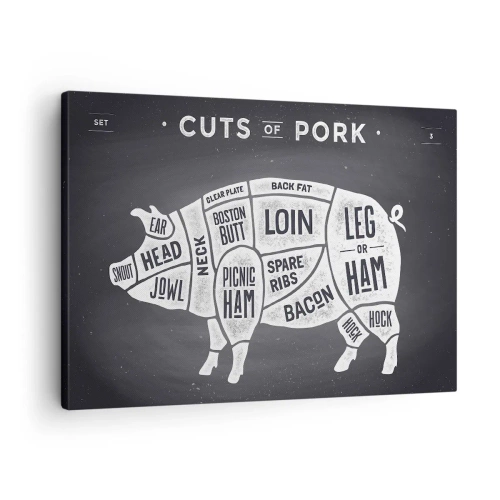 Impression sur toile - Image sur toile - Diagramme des coupes de porc sur fond noir - 70x50cm - L'art de la découpe - Décoration murale moderne pour le salon et la chambre ARTTOR