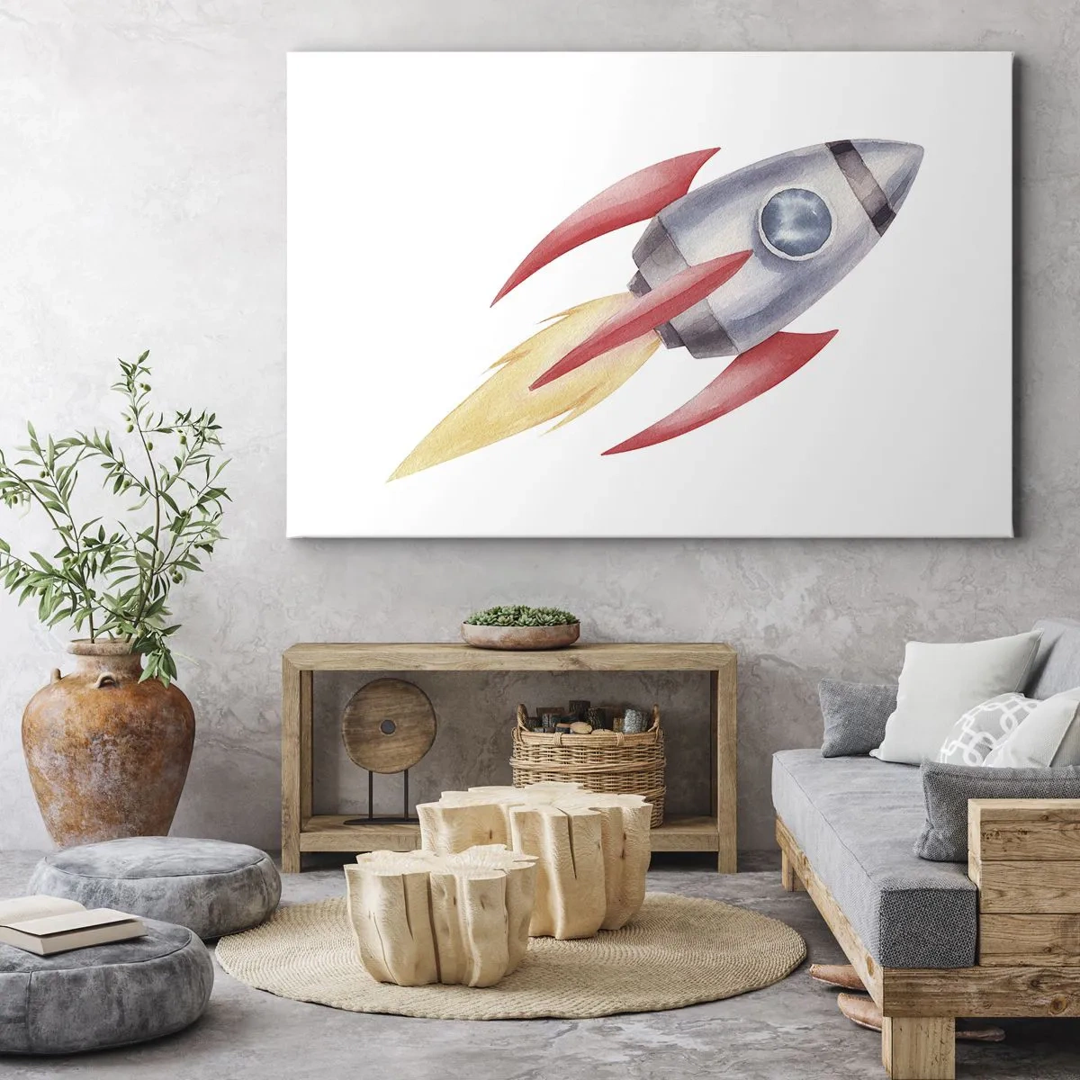 Impression sur toile - Image sur toile - Fusée de style aquarelle sur fond blanc - 120x80cm - Plus haut, plus vite, plus loin - Décoration murale moderne pour le salon et la chambre ARTTOR