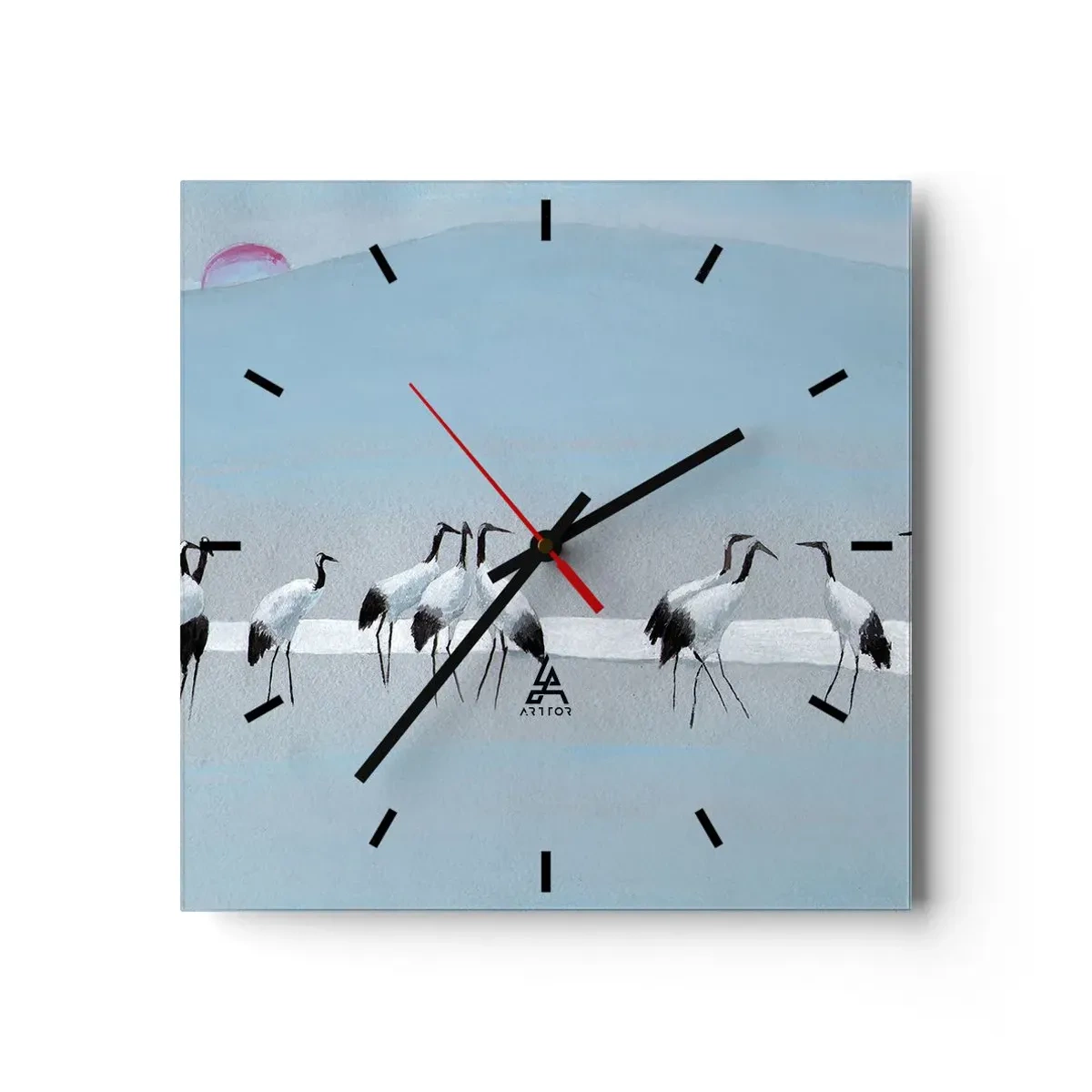 Horloge murale - Pendule murale - Un groupe de grues contre un ciel bleu et le soleil levant - 30x30cm - Après une chaude journée - Décoration murale moderne pour le salon et la chambre ARTTOR